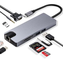 Adaptador de HUB 9 em 1 USB para MacBook Pro/Air, 9 em 1 hub USB com 3 portas USB, adaptador USB com suporte para leitor de cartão SD/TF, 100W PD de carregamento USB C Hub, 9 em 1 USB para RJ45 Ethernet